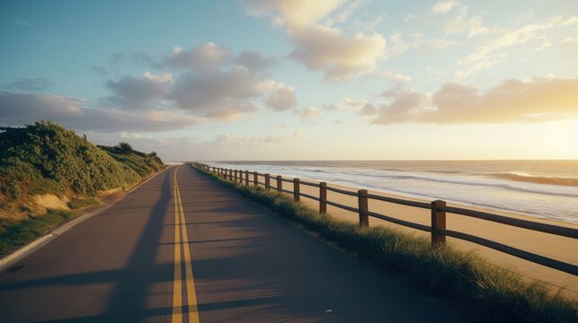 Empty asphalt road beside the sea background, highway beside the sea, outdoors horizontal image, Generative AI illustration