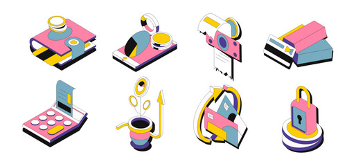 Cartoon money and finance elements. Business icons, arbitrage, bitcoin, charts. Cash and dollars stickers. bank and credit