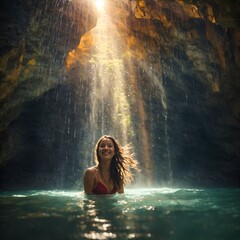A woman in a red bikini enjoying a refreshing waterfall dive