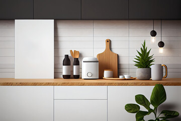 Wooden counter top with dishware in minimalistic style kitchen. Illustration generative AI - obrazy, fototapety, plakaty