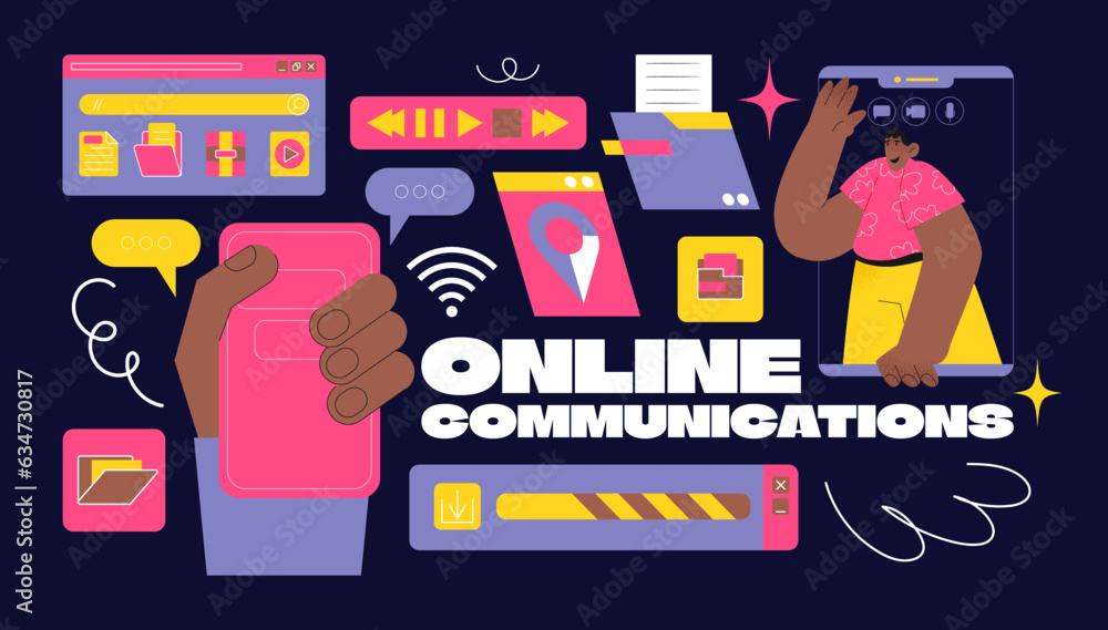 Poster cartoon retro frames of online communication tabs. memphis style. abstract geometric linear backgrou