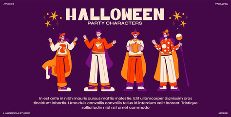 halloween cartoon characters in 90s groovy style.Mummy,ghost,witch,dracula, party costumes, retro horror scary mascots