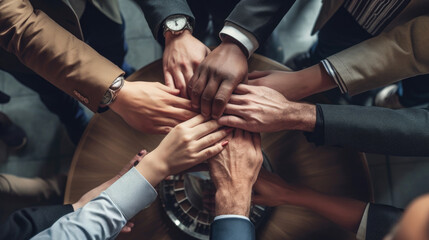 Close-up of the business people's hands holding tightly exhibits determination and solidarity