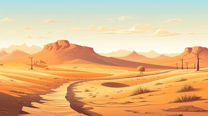 Desert landscape with sand road, A long straight dirt road disappears into the distant, cartoon style,