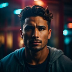 A man wearing a black hoodie making direct eye contact with the camera