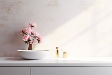 modern white basin with rose gold faucet on marble countertop, pink cabinet. Morning sunlight, background, mock up, perspective.