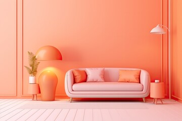 Fototapeta na wymiar Monochromatic pinkish orange interior room with furniture and accessories. Light background with copy space. for web, presentation, or picture frame backgrounds.