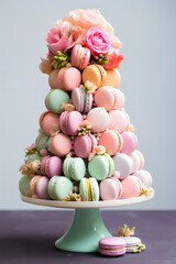macaron croquembouche tower with pastel flowers and roses on blue studio background 
