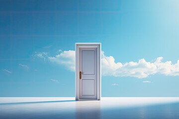 Opportunity metaphor portrayed in a , isolated open door against a blue background.
