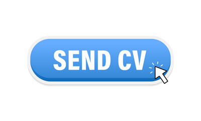 Send CV blue 3D button in flat style isolated on white background. Vector illustration