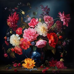 Oil painting depicting still life of flowers in vase. Macro impasto artwork.