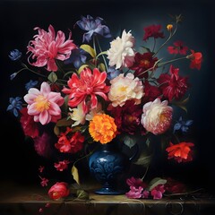 Oil painting depicting still life of flowers in vase. Macro impasto artwork.