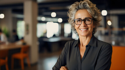 smiling woman with short graying hair and glasses in office portrait - obrazy, fototapety, plakaty