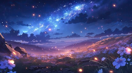 Generative AI, the sight of a meteor shower on a beautiful night with a dark sky dotted with soft light emanating from stars that sparkle like diamonds, beautiful meteor shower, cool anime landscape