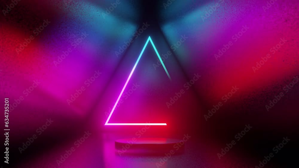 Poster abstract geometric background with colorful glowing neon triangles appear and podium for product pre