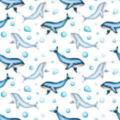 Watercolor seamless pattern with blue whales isolated on white background. Hand painting realistic Arctic and Antarctic ocean mammals. For designers, decoration, 