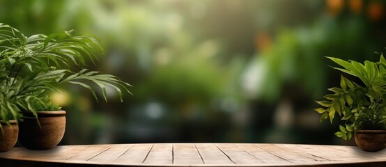 Empty wooden table on natural background