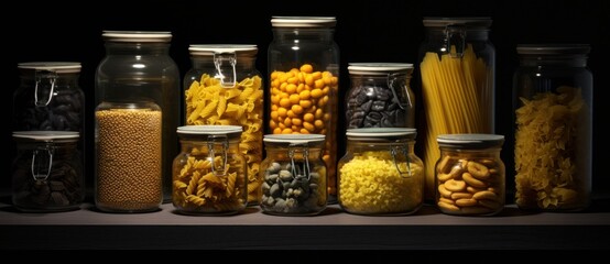 A collection of jars is shown with various pastas in them