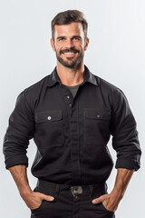 Portrait of handsome man in black shirt. Isolated on white background.