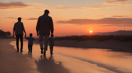 Fototapeta premium Capturing Heartwarming Moments: Father and Son Walking into the Sunset - Embrace the Beauty of Bonding and Family Connection. Stock Photo