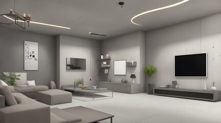 Stunning 3D Rendered Modern Living Room Design with Empty Concrete Wall. Explore Captivating Interior Concepts. 3D Illustration Available