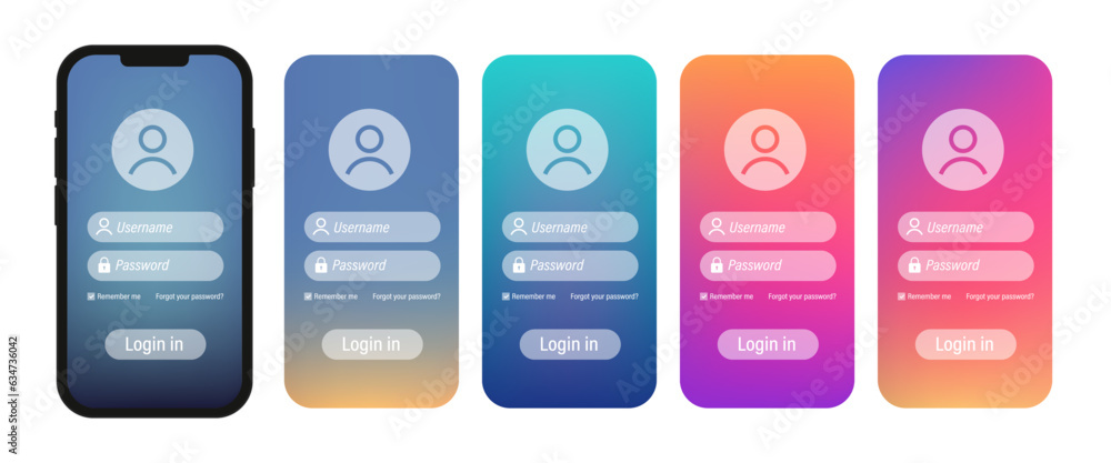 Poster login vector form page template set on trendy gradient background for app development, smartphone mo