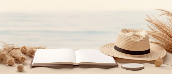 Open book and hat on the beach