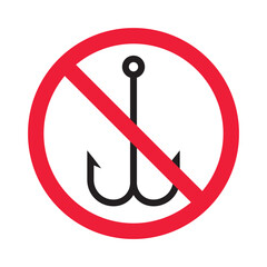 Forbidden fish hook vector icon. Warning, caution, attention, restriction, label, ban, danger. No fishing hook flat sign design pictogram symbol. No fishing hook icon