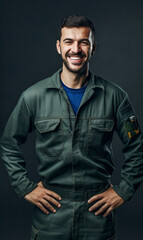 Obraz premium Portrait of a smiling mechanic standing with hands on hips against black background