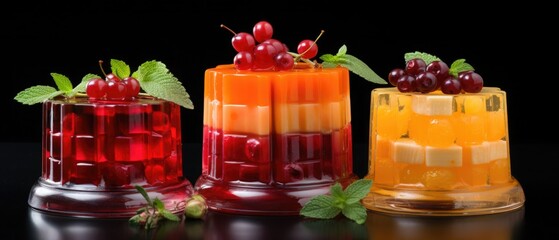 Fototapeta na wymiar Colorful bright fruit and berry jelly marmalade with fresh berries. Modern serving dessert.