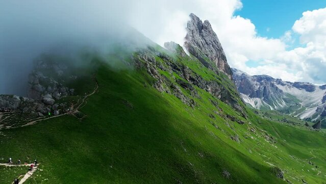 Aerial footage of Seceda in South Tyrol, Dolomites, Italy