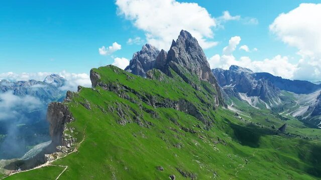 Aerial footage of Seceda in South Tyrol, Dolomites, Italy