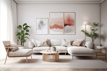 Modern scandinavian living room with furniture, artwork, plants, and personal items. - obrazy, fototapety, plakaty