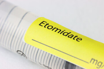 Close up of a Etomidate syringe label 