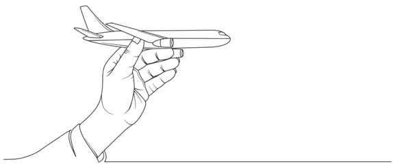 Hand holding air plane line art vector illustration