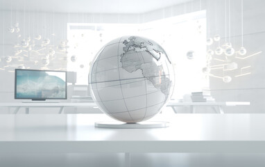 White globe on white table in modern office.  Digital technology concept.