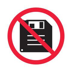 Forbidden floppy disk vector icon. Warning, caution, attention, restriction, label, ban, danger. No dloppy disc flat sign design pictogram symbol. No diskette icon