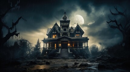 An imposing haunted mansion under a tempestuous sky - obrazy, fototapety, plakaty
