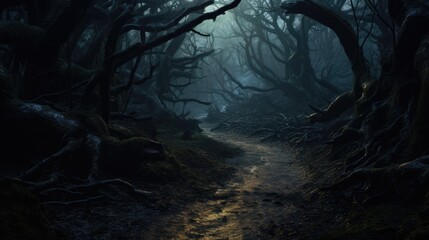 Naklejka premium A moonlit forest path, winding between gnarled and ancient trees