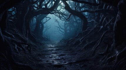A moonlit forest path, winding between gnarled and ancient trees