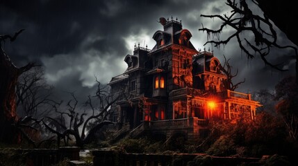 Haunted house with flickering lights surrounded by eerie fog