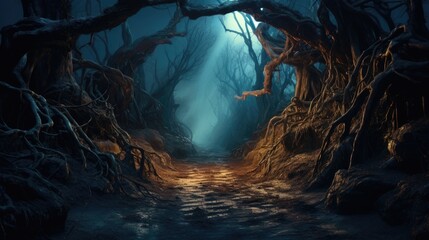 A moonlit forest path, winding between gnarled and ancient trees