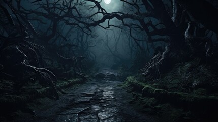 A moonlit forest path, winding between gnarled and ancient trees