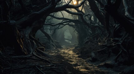 A moonlit forest path, winding between gnarled and ancient trees