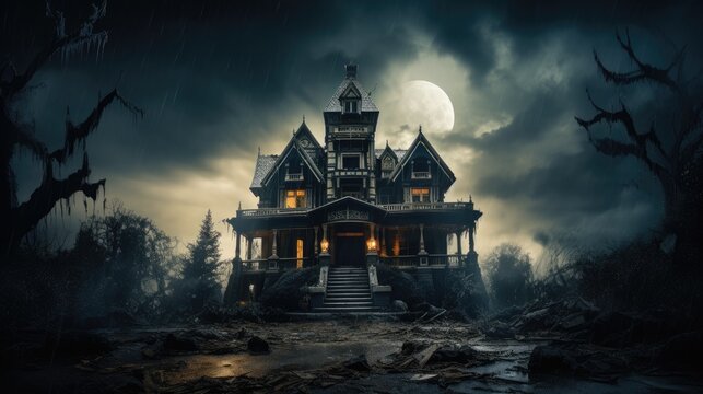 An imposing haunted mansion under a tempestuous sky