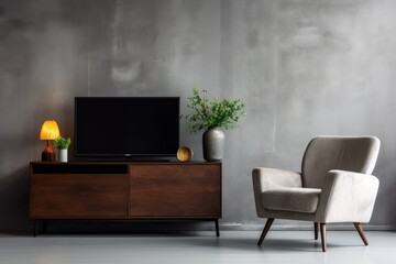 Modern living room with cabinet TV, armchair, lamp, table, flower, and plant against concrete wall.
