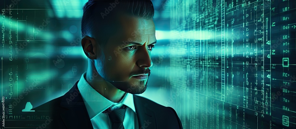 Fototapete The image shows a businessman with source code and programmer image overlay symbolizing programming cyber security business and internet of things