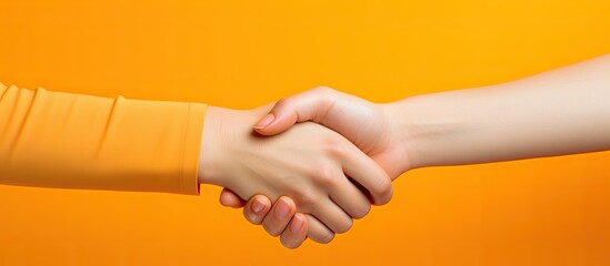 Caucasian woman with handshake gesture on orange background representing greetings and beginnings for National Handshake Day