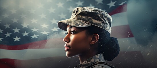 African American female soldier celebrating Veterans Day and being thanked for her service Composite image with military theme