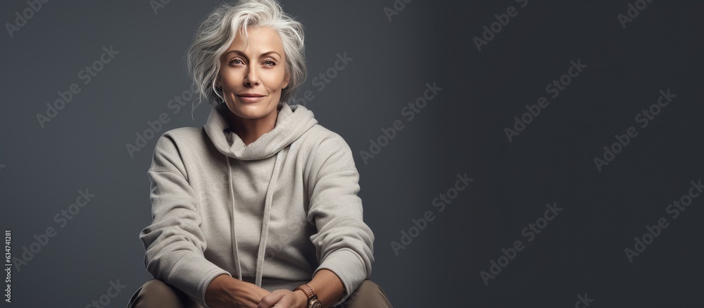 Wall mural Middle aged woman in sweatshirt posed against background with copy space - Wall murals